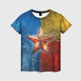Женская футболка 3D с принтом Звезда на синем желтом красном фоне в Новосибирске, 100% полиэфир ( синтетическое хлопкоподобное полотно) | прямой крой, круглый вырез горловины, длина до линии бедер | 