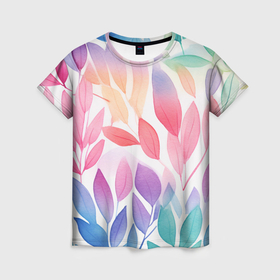 Женская футболка 3D с принтом Акварельные разноцветные листочки в Кировске, 100% полиэфир ( синтетическое хлопкоподобное полотно) | прямой крой, круглый вырез горловины, длина до линии бедер | 