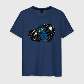 Мужская футболка хлопок с принтом Тардис и звёзды в Курске, 100% хлопок | прямой крой, круглый вырез горловины, длина до линии бедер, слегка спущенное плечо. | Тематика изображения на принте: 