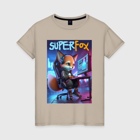 Женская футболка хлопок с принтом Super fox gamer   ai art fantasy в Тюмени, 100% хлопок | прямой крой, круглый вырез горловины, длина до линии бедер, слегка спущенное плечо | Тематика изображения на принте: 