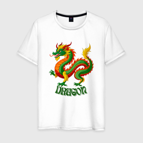 Мужская футболка хлопок с принтом Dragon китайский дракон в Санкт-Петербурге, 100% хлопок | прямой крой, круглый вырез горловины, длина до линии бедер, слегка спущенное плечо. | Тематика изображения на принте: 