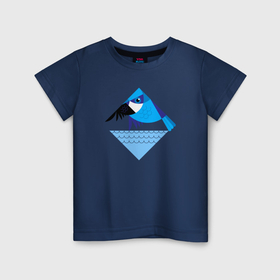Детская футболка хлопок с принтом Голубая птичка летит над водой   абстракция в Петрозаводске, 100% хлопок | круглый вырез горловины, полуприлегающий силуэт, длина до линии бедер | Тематика изображения на принте: 