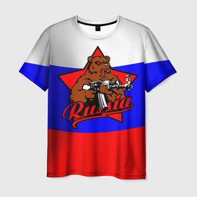 Мужская футболка 3D с принтом Русский медведь с автоматом в Петрозаводске, 100% полиэфир | прямой крой, круглый вырез горловины, длина до линии бедер | 