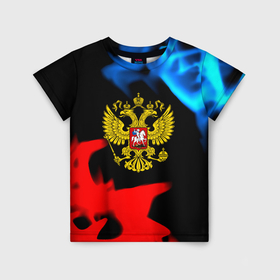Детская футболка 3D с принтом Россия герб огненый стиль в Санкт-Петербурге, 100% гипоаллергенный полиэфир | прямой крой, круглый вырез горловины, длина до линии бедер, чуть спущенное плечо, ткань немного тянется | 