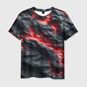 Мужская футболка 3D с принтом Раскаленная лава на горных камнях в Санкт-Петербурге, 100% полиэфир | прямой крой, круглый вырез горловины, длина до линии бедер | 