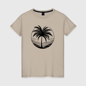 Женская футболка хлопок с принтом Стильный минималистичный силуэт пальмы на фоне моря в Новосибирске, 100% хлопок | прямой крой, круглый вырез горловины, длина до линии бедер, слегка спущенное плечо | 