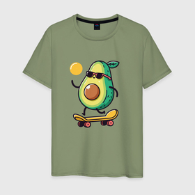 Мужская футболка хлопок с принтом Веселый забавный авокадо в очках на скейтборде в Белгороде, 100% хлопок | прямой крой, круглый вырез горловины, длина до линии бедер, слегка спущенное плечо. | 