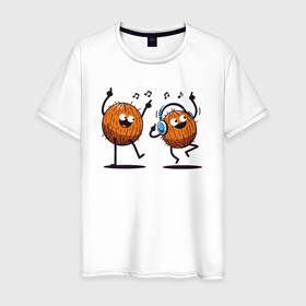 Мужская футболка хлопок с принтом Два забавных безумных кокоса танцуют под музыку , 100% хлопок | прямой крой, круглый вырез горловины, длина до линии бедер, слегка спущенное плечо. | 