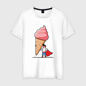 Мужская футболка хлопок с принтом Забавный супермен держит огромный рожок мороженого в Екатеринбурге, 100% хлопок | прямой крой, круглый вырез горловины, длина до линии бедер, слегка спущенное плечо. | 