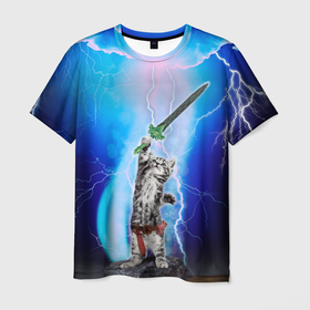 Мужская футболка 3D с принтом Кот рыцарь с мечом экскалибур под молниями в Екатеринбурге, 100% полиэфир | прямой крой, круглый вырез горловины, длина до линии бедер | Тематика изображения на принте: 