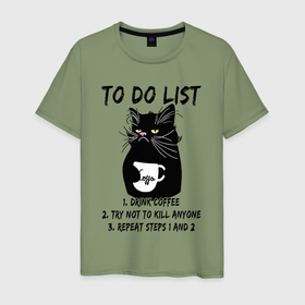 Мужская футболка хлопок с принтом Черный кот и список дел в Санкт-Петербурге, 100% хлопок | прямой крой, круглый вырез горловины, длина до линии бедер, слегка спущенное плечо. | Тематика изображения на принте: 