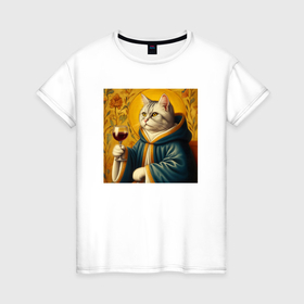 Женская футболка хлопок с принтом Забавный кот с бокалом вина в стиле средневековой картины в Петрозаводске, 100% хлопок | прямой крой, круглый вырез горловины, длина до линии бедер, слегка спущенное плечо | 