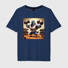 Мужская футболка хлопок Oversize с принтом Забавный голубь качок с гантелями качается в спортзале в Кировске, 100% хлопок | свободный крой, круглый ворот, “спинка” длиннее передней части | 