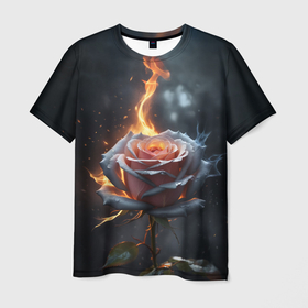 Мужская футболка 3D с принтом Роза горящая в темноте в Петрозаводске, 100% полиэфир | прямой крой, круглый вырез горловины, длина до линии бедер | 