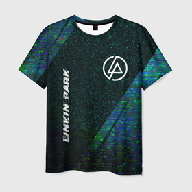 Мужская футболка 3D с принтом Linkin Park glitch blue в Белгороде, 100% полиэфир | прямой крой, круглый вырез горловины, длина до линии бедер | Тематика изображения на принте: 