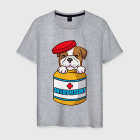 Мужская футболка хлопок с принтом Собачка антидепрессант в Белгороде, 100% хлопок | прямой крой, круглый вырез горловины, длина до линии бедер, слегка спущенное плечо. | 