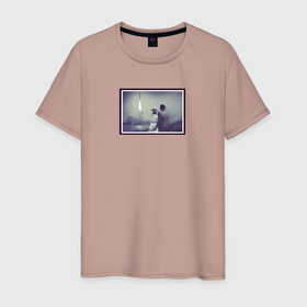 Мужская футболка хлопок с принтом Ракета и влюбленная парочка в Тюмени, 100% хлопок | прямой крой, круглый вырез горловины, длина до линии бедер, слегка спущенное плечо. | Тематика изображения на принте: 