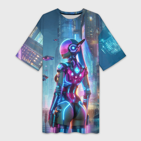 Платье-футболка 3D с принтом Cyberpunk girl   neon glow ai art в Кировске,  |  | Тематика изображения на принте: 