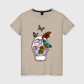 Женская футболка хлопок с принтом Бабочки и череп , 100% хлопок | прямой крой, круглый вырез горловины, длина до линии бедер, слегка спущенное плечо | 