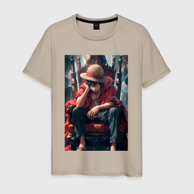 Мужская футболка хлопок с принтом Ван Пис Луффи Монки Д король пиратов в Курске, 100% хлопок | прямой крой, круглый вырез горловины, длина до линии бедер, слегка спущенное плечо. | 