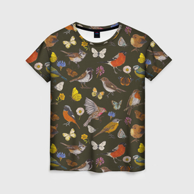 Женская футболка 3D с принтом Птицы и бабочки с цветами паттерн в Курске, 100% полиэфир ( синтетическое хлопкоподобное полотно) | прямой крой, круглый вырез горловины, длина до линии бедер | 