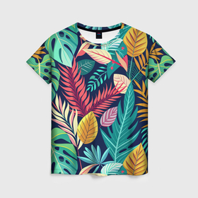 Женская футболка 3D с принтом Листья тропических растений на темном   паттерн в Курске, 100% полиэфир ( синтетическое хлопкоподобное полотно) | прямой крой, круглый вырез горловины, длина до линии бедер | 