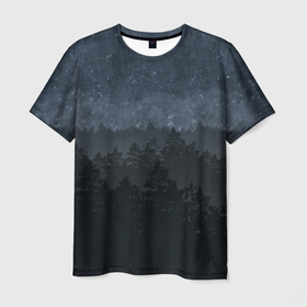 Мужская футболка 3D с принтом Ночное небо в лесу в Новосибирске, 100% полиэфир | прямой крой, круглый вырез горловины, длина до линии бедер | Тематика изображения на принте: 