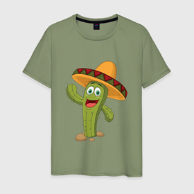 Мужская футболка хлопок с принтом Зеленый веселый кактус , 100% хлопок | прямой крой, круглый вырез горловины, длина до линии бедер, слегка спущенное плечо. | 