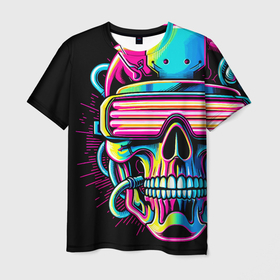 Мужская футболка 3D с принтом Cyber skull   ai art neon в Кировске, 100% полиэфир | прямой крой, круглый вырез горловины, длина до линии бедер | Тематика изображения на принте: 