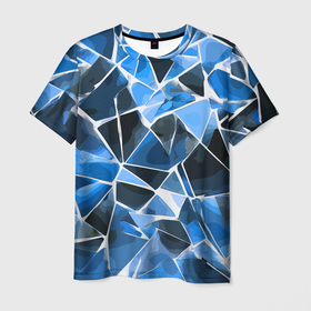 Мужская футболка 3D с принтом Чёрно синяя абстракция и белые полосы в Новосибирске, 100% полиэфир | прямой крой, круглый вырез горловины, длина до линии бедер | Тематика изображения на принте: 