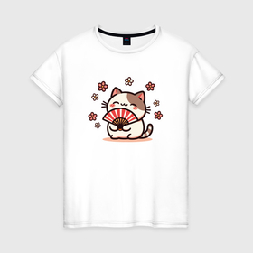 Женская футболка хлопок с принтом Забавный милый котик с веером японский стиль в Новосибирске, 100% хлопок | прямой крой, круглый вырез горловины, длина до линии бедер, слегка спущенное плечо | 