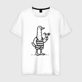 Мужская футболка хлопок с принтом Забавный гусь в плавках с коктейлем на море отпуск в Белгороде, 100% хлопок | прямой крой, круглый вырез горловины, длина до линии бедер, слегка спущенное плечо. | 