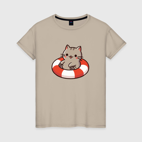Женская футболка хлопок с принтом Забавный милый котик плавает в надувном круге в Новосибирске, 100% хлопок | прямой крой, круглый вырез горловины, длина до линии бедер, слегка спущенное плечо | 