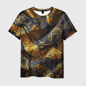 Мужская футболка 3D с принтом Золотистый узор со складками в Белгороде, 100% полиэфир | прямой крой, круглый вырез горловины, длина до линии бедер | 