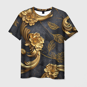 Мужская футболка 3D с принтом Золотые объемные узоры на ткани в Белгороде, 100% полиэфир | прямой крой, круглый вырез горловины, длина до линии бедер | 