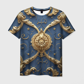Мужская футболка 3D с принтом Золотые узоры на синей ткани в Белгороде, 100% полиэфир | прямой крой, круглый вырез горловины, длина до линии бедер | 