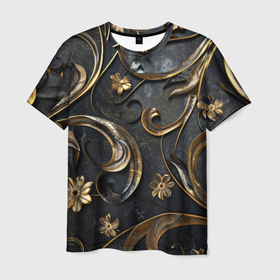 Мужская футболка 3D с принтом Золотые  узоры и цветы на черном фоне в Белгороде, 100% полиэфир | прямой крой, круглый вырез горловины, длина до линии бедер | 