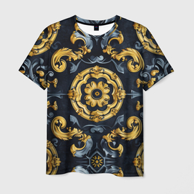 Мужская футболка 3D с принтом Золотые и синие абстрактные узоры в Белгороде, 100% полиэфир | прямой крой, круглый вырез горловины, длина до линии бедер | 