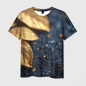 Мужская футболка 3D с принтом Золотые листья на темном фоне в Кировске, 100% полиэфир | прямой крой, круглый вырез горловины, длина до линии бедер | 