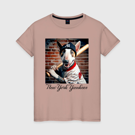 Женская футболка хлопок с принтом Bull terrier   New York yankees baseball team в Тюмени, 100% хлопок | прямой крой, круглый вырез горловины, длина до линии бедер, слегка спущенное плечо | 