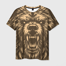 Мужская футболка 3D с принтом Бурый медведь с открытой пастью в Новосибирске, 100% полиэфир | прямой крой, круглый вырез горловины, длина до линии бедер | 