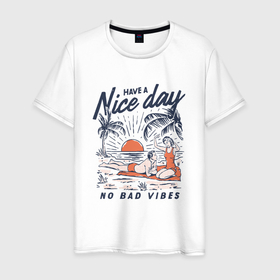 Мужская футболка хлопок с принтом Летний пляж ретро стиль в Курске, 100% хлопок | прямой крой, круглый вырез горловины, длина до линии бедер, слегка спущенное плечо. | 