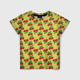 Детская футболка 3D с принтом Паттерн с красными ягодами на зеленом в Кировске, 100% гипоаллергенный полиэфир | прямой крой, круглый вырез горловины, длина до линии бедер, чуть спущенное плечо, ткань немного тянется | 