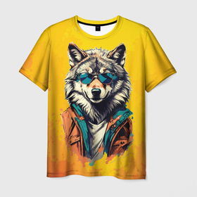 Мужская футболка 3D с принтом Стильный волк в солнечных очках в Белгороде, 100% полиэфир | прямой крой, круглый вырез горловины, длина до линии бедер | Тематика изображения на принте: 
