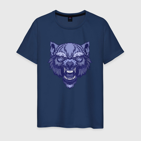 Мужская футболка хлопок с принтом Синий гневный волк в Белгороде, 100% хлопок | прямой крой, круглый вырез горловины, длина до линии бедер, слегка спущенное плечо. | Тематика изображения на принте: 