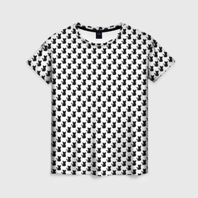 Женская футболка 3D с принтом Чёрно белый паттерн силуэты котят , 100% полиэфир ( синтетическое хлопкоподобное полотно) | прямой крой, круглый вырез горловины, длина до линии бедер | 