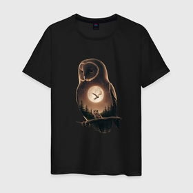 Мужская футболка хлопок с принтом Ночная звёздная сова в Петрозаводске, 100% хлопок | прямой крой, круглый вырез горловины, длина до линии бедер, слегка спущенное плечо. | Тематика изображения на принте: 