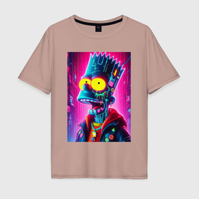 Мужская футболка хлопок Oversize с принтом Cyber Bart Simpson   neon glow ai art в Белгороде, 100% хлопок | свободный крой, круглый ворот, “спинка” длиннее передней части | 