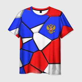 Мужская футболка 3D с принтом Трехмерные плиты в стиле Российского флага , 100% полиэфир | прямой крой, круглый вырез горловины, длина до линии бедер | 