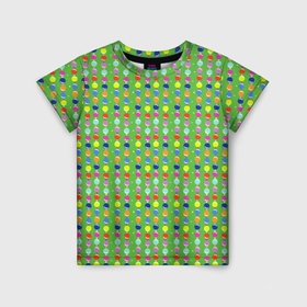 Детская футболка 3D с принтом Паттерн с вертикальными гирляндами на зеленом в Екатеринбурге, 100% гипоаллергенный полиэфир | прямой крой, круглый вырез горловины, длина до линии бедер, чуть спущенное плечо, ткань немного тянется | 